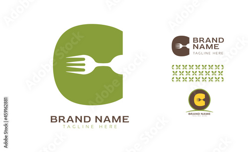 Creative bold letter C logo using Fork and Spoon for food business, hotel, restaurant, fast food, eats including pattern and logo variants for branding designs