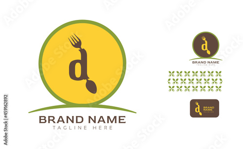 Creative bold letter D logo using Fork and Spoon for food business, hotel, restaurant, fast food, eats including pattern and logo variants for branding designs