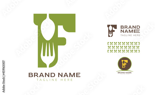 Creative bold letter F logo using Fork and Spoon for food business, hotel, restaurant, fast food, eats including pattern and logo variants for branding designs