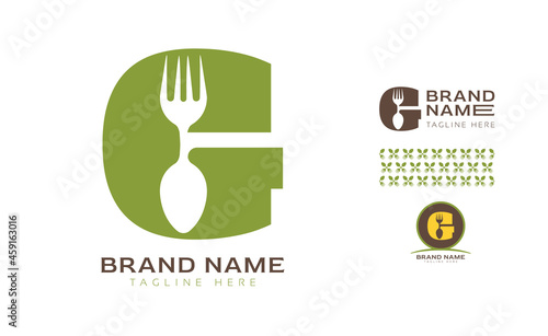Creative bold letter G logo using Fork and Spoon for food business, hotel, restaurant, fast food, eats including pattern and logo variants for branding designs