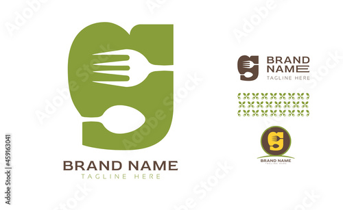 Creative bold letter G and S logo using Fork and Spoon for food business, hotel, restaurant, fast food, eats including pattern and logo variants for branding designs