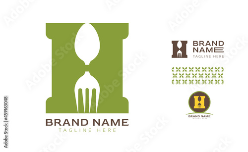 Creative bold letter H logo using Fork and Spoon for food business, hotel, restaurant, fast food, eats including pattern and logo variants for branding designs