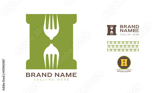 Creative bold letter H logo using Fork and Spoon for food business, hotel, restaurant, fast food, eats including pattern and logo variants for branding designs