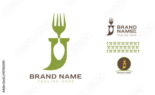 Creative bold letter J and I logo using Fork and Spoon for food business, hotel, restaurant, fast food, eats including pattern and logo variants for branding designs