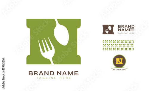 Creative bold letter N logo using Fork and Spoon for food business, hotel, restaurant, fast food, eats including pattern and logo variants for branding designs