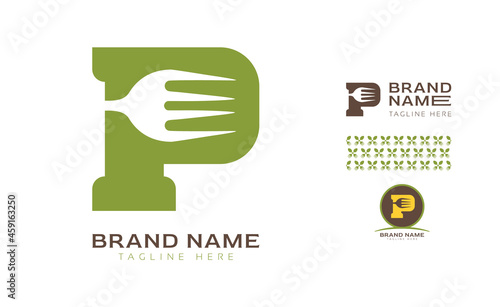 Creative bold letter P logo using Fork and Spoon for food business, hotel, restaurant, fast food, eats including pattern and logo variants for branding designs