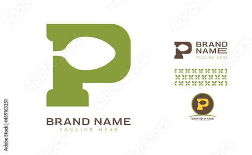 Creative bold letter P logo using Fork and Spoon for food business, hotel, restaurant, fast food, eats including pattern and logo variants for branding designs