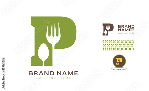 Creative bold letter P logo using Fork and Spoon for food business, hotel, restaurant, fast food, eats including pattern and logo variants for branding designs
