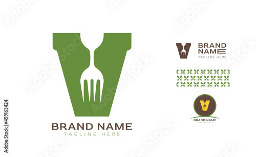 Creative bold letter V logo using Fork and Spoon for food business, hotel, restaurant, fast food, eats including pattern and logo variants for branding designs