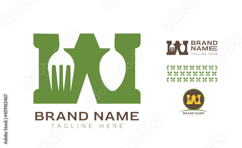 Creative bold letter W logo using Fork and Spoon for food business, hotel, restaurant, fast food, eats including pattern and logo variants for branding designs