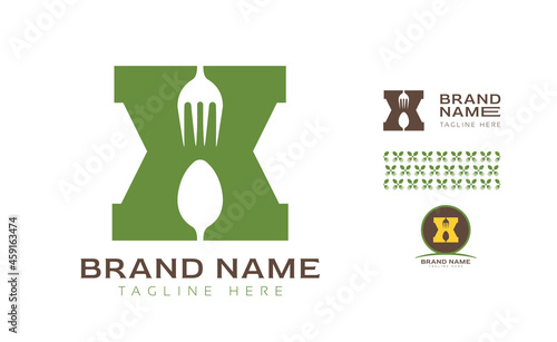 Creative bold letter X logo using Fork and Spoon for food business, hotel, restaurant, fast food, eats including pattern and logo variants for branding designs