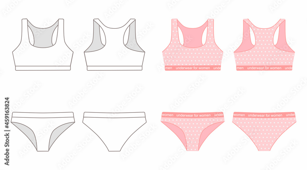 Lingerie set for women. Sports bra and panties. Cartoon flat style. Vector illustration