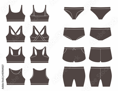 Large set of mock-ups of sports underwear for women. Front and back views. Vector illustration. Flat style