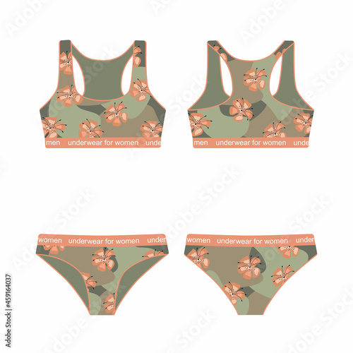 Set of sports underwear for women. Front and back views. Vector illustration. Cartoon flat style