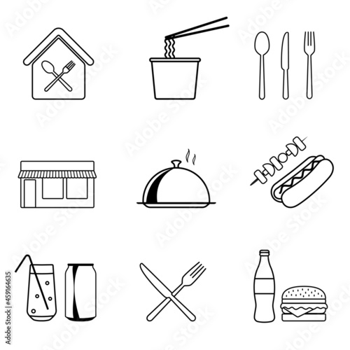 Food courts icons set. Outline set of food courts icons for web design. Vector illustration isolated on white background