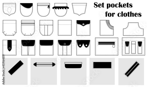 Set  patch, slash pockets for clothes, shirts, dresses, pants, coats, jackets. Vector isolated.