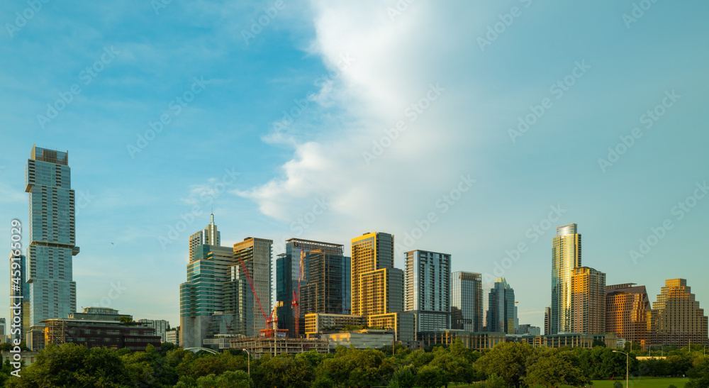 Austin skyline over the Colorado river, Texas.