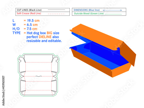 Hot dog box big size perfect dieline 19.5 x 6.5 x 7.5 mm Size or burger box Die-cut template Self Asembly Eco-friendly, No Glue Needed box, Fast Food Burger Box