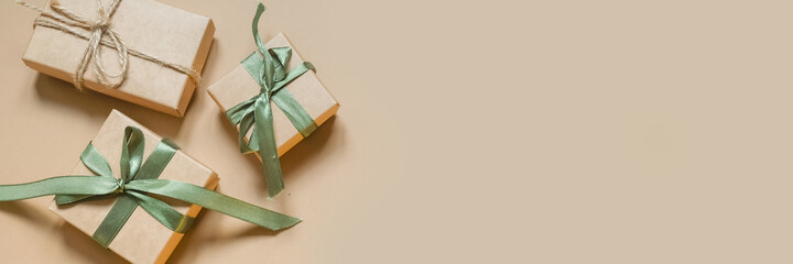 Christmas gift zero waste, eco friendly hand made box packaging gifts in kraft paper wooden table, eco christmas holiday concept, Christmas gift wrapping,eco decor banner