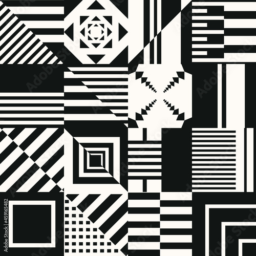 Repetitive squares with monochrome abstract shapes. Seamless Pattern with abstract geometric shapes.