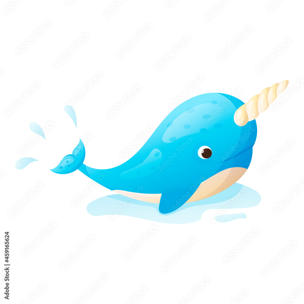 Isolated vector illustration of a cute cartoon baby narwhal with a horn splashing in a puddle of water. Isolated vector illustration of a cute cartoon baby narwhal with a horn splashing in a puddle of water.