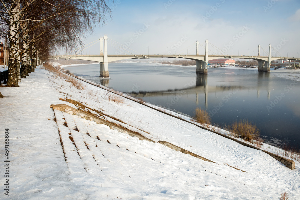 View of the road bridge across the Volga in the city of Kimry on a winter day. The longest bridge in the Tver region View of the road bridge across the Volga in the city of Kimry on a winter day. The longest bridge in the Tver region