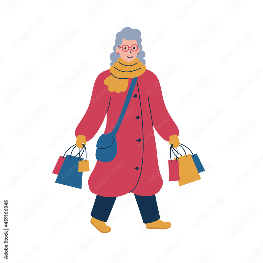 Woman in a winter coat out on a shopping run. Isolated vector illustration.