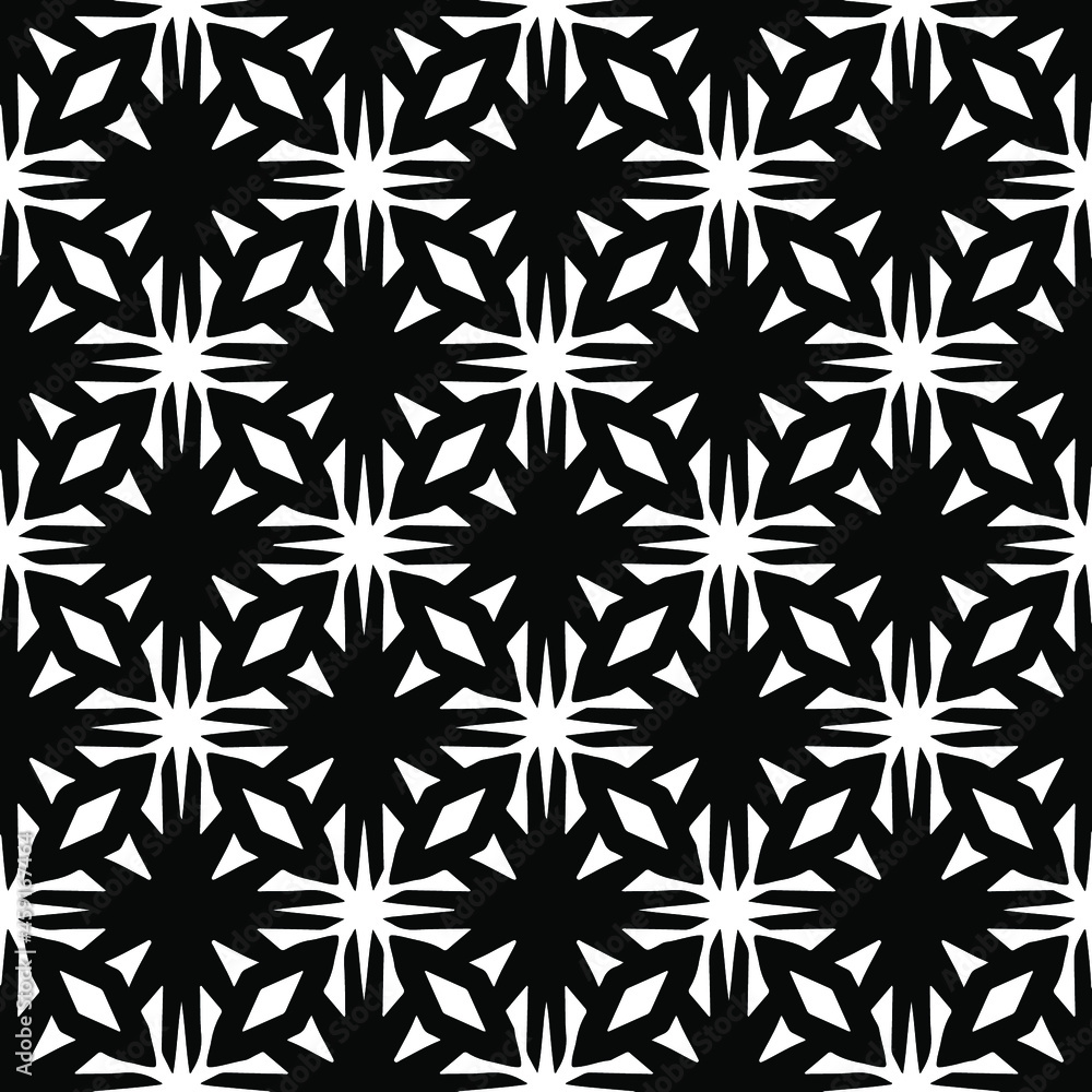 Flower geometric pattern. Seamless vector background. White and black ornament. Ornament for fabric, wallpaper, packaging. Decorative print. Flower geometric pattern. Seamless vector background. White and black ornament. Ornament for fabric, wallpaper, packaging. Decorative print.