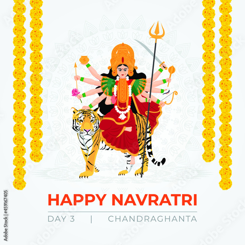Happy Navratri wishes, concept art of Navratri, illustration of 9 avatars of goddess Durga, Chandraghanta Devi 