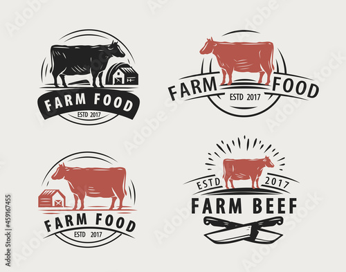 Set of logos with a cow, bull isolated on white background. Meat beef logo, black and red emblems