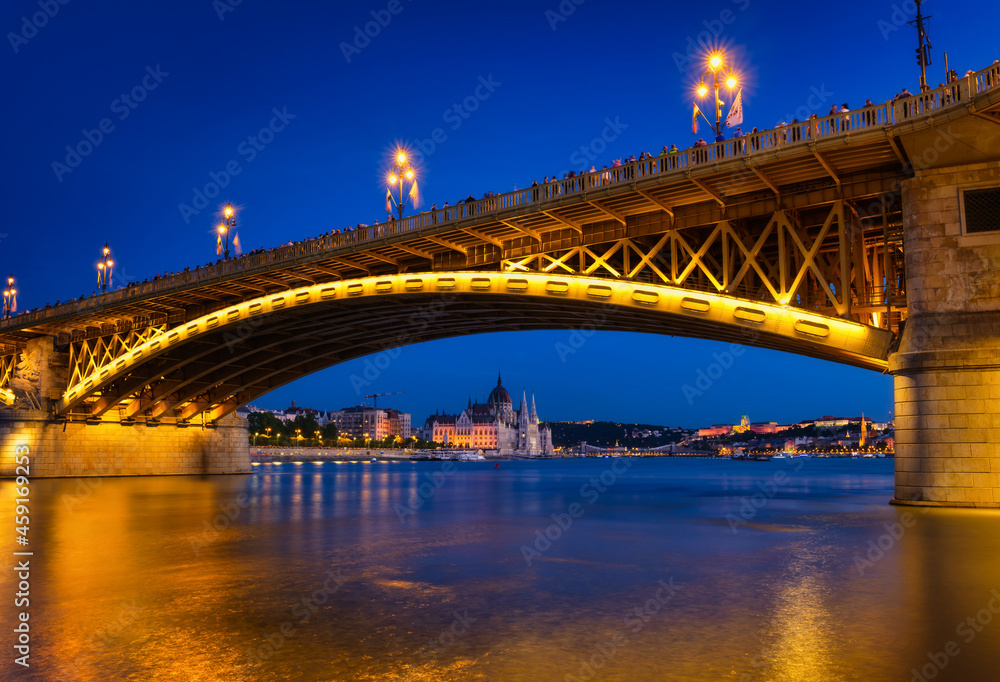 View of bridges in Budapest, Hungary. Old historic buildings, bridges and the Danube River.