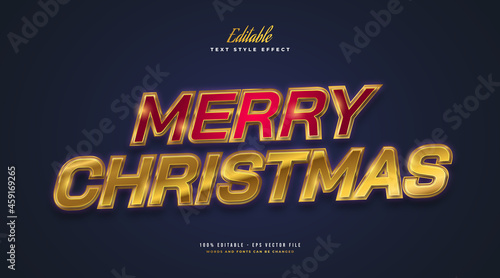 Merry Christmas Text in Red and Gold with Glowing and Glitter Effect. Editable Text Style Effect