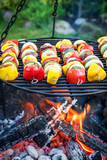 Homemade skewers on grill with vegetables. Grill in garden.