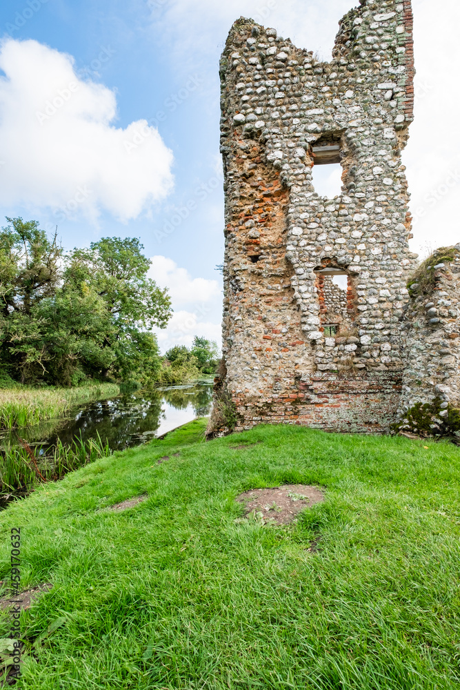 The stone and flint remains of a medieval disused and derelict castle in rural England. A well preserved site of historical interest that is well worth a visit.