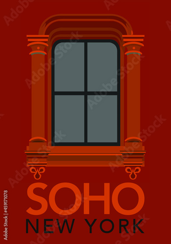 Typical window of the facade of SOHO district buildings in New York in red and orange colors.