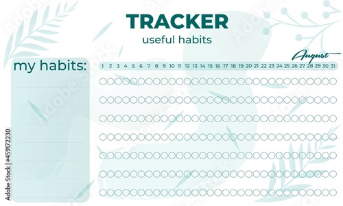 Modern tracker with green ellements. August Planner useful habits