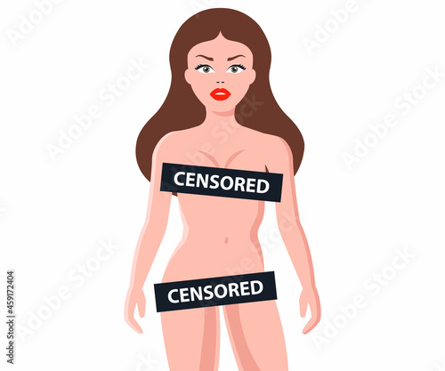 naked girl covered with censorship signs. allowed with only 18. Flat character vector illustration.