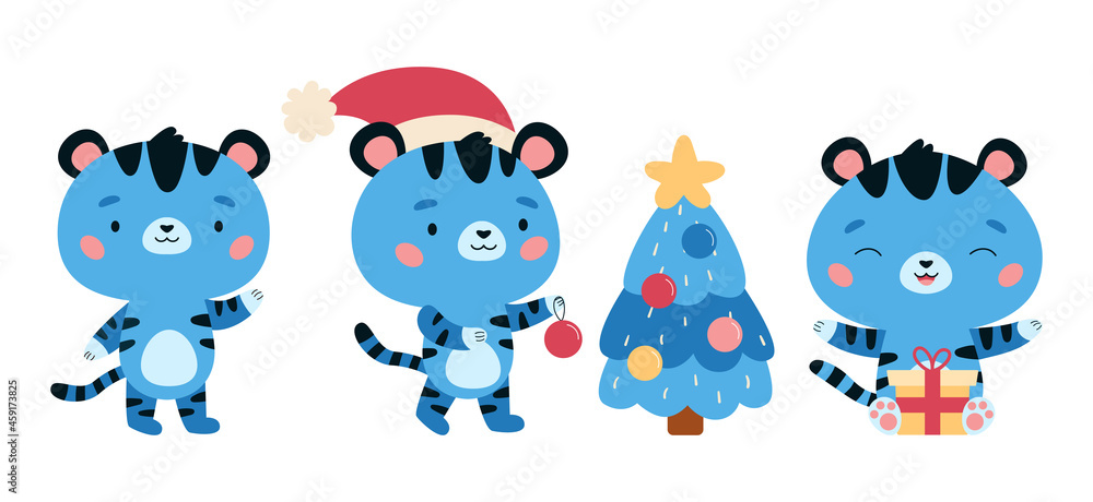 Fototapeta premium Set of New Year symbol - blue tiger. Kawaii cartoon character. Tigers with Christmas tree and presents. Cute jungle animals. Vector illustration for children.