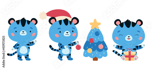 Set of New Year symbol - blue tiger. Kawaii cartoon character. Tigers with Christmas tree and presents. Cute jungle animals. Vector illustration for children.