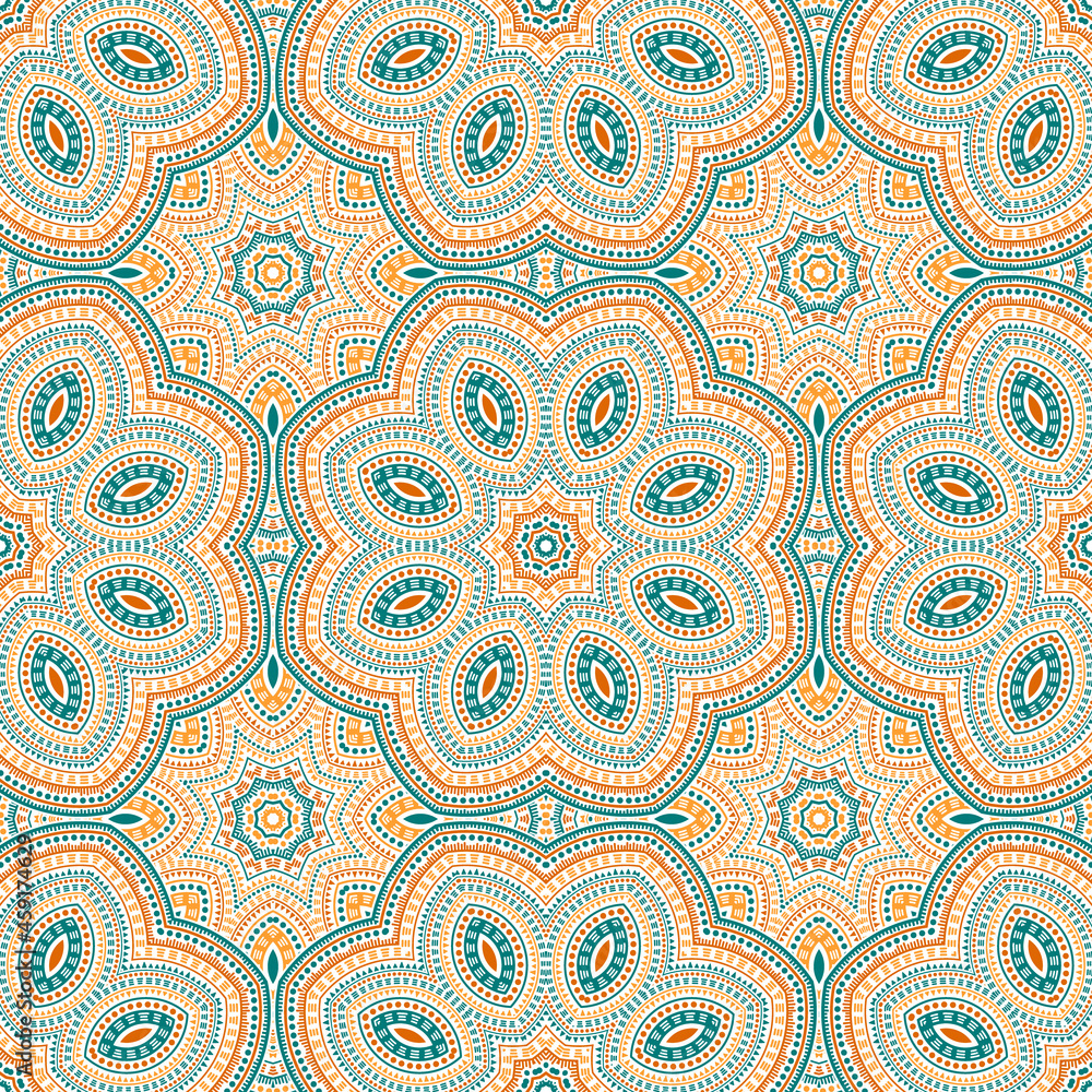 Girih traditional geometric vector seamless motif. Batik print design. Abstract damask ornament. Pottery print design. Circles and lines elements texture.
