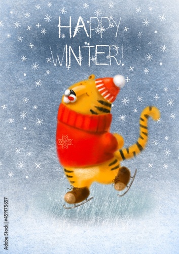 Obraz na płótnie Happy winter card with cute little tiger the symbol of 2022 skating, winter illu