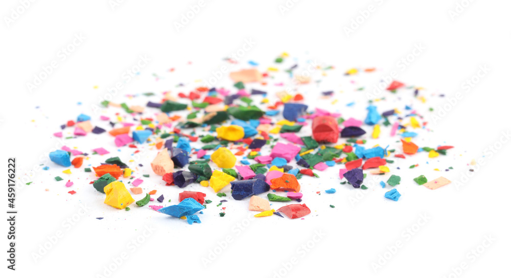 Colorful graphite crumbs on white background. Pencil sharpening Colorful graphite crumbs on white background. Pencil sharpening