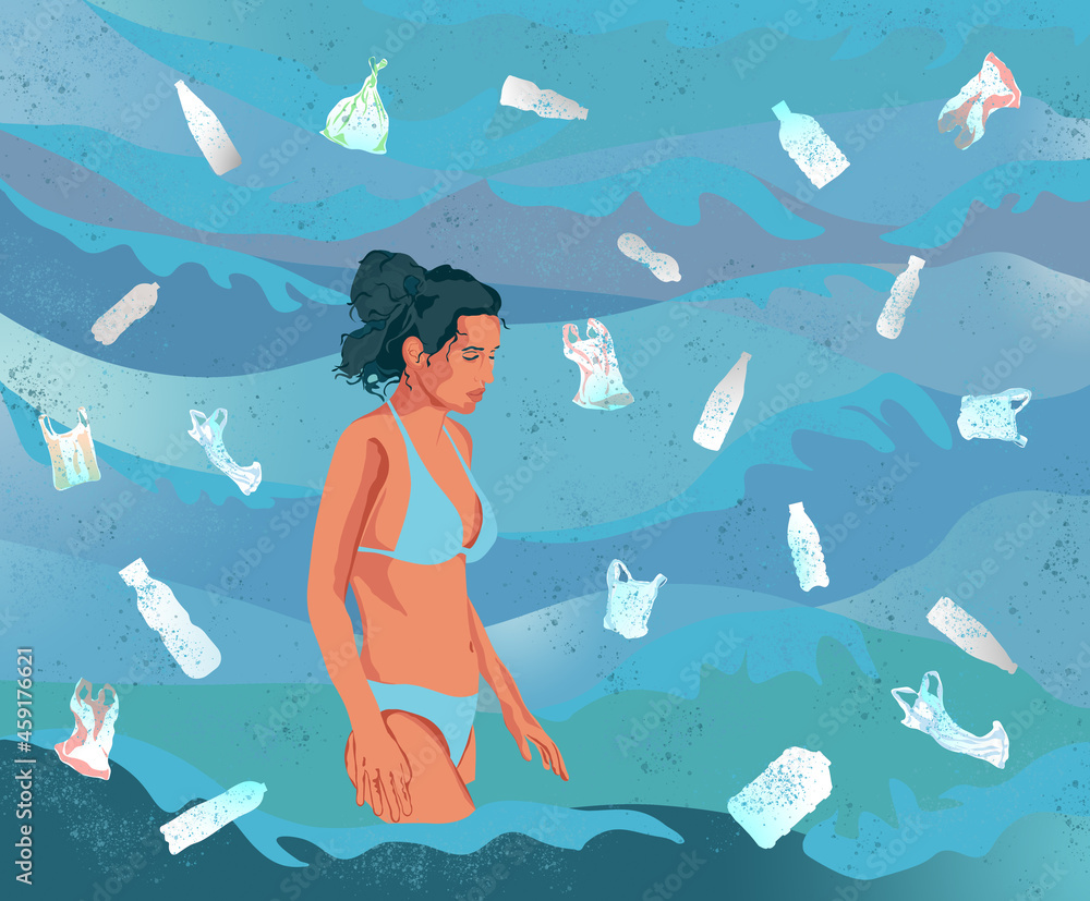 Młoda kobieta w stroju kąpielowym plastikowe butelki i reklamówki w  wodzie - obrazy, fototapety, plakaty 