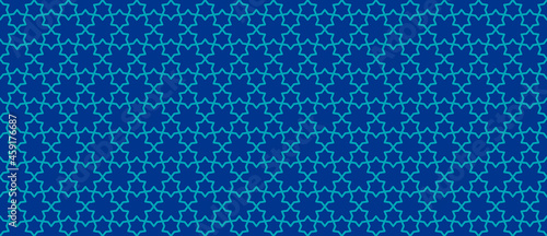 Vector abstract geometric seamless pattern. Traditional Arabic ornament with lines, elegant lattice, mesh, grid, floral shapes, stars. Modern ornamental background. Blue and turquoise colored design
