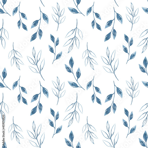 Watercolor winter blue leaves seamless pattern. Hand drawn blue Christmas illustration for greeting cards, invitations, winter holiday party decor.