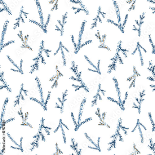 Watercolor winter blue leaves seamless pattern. Hand drawn blue Christmas illustration for greeting cards  invitations  winter holiday party decor.