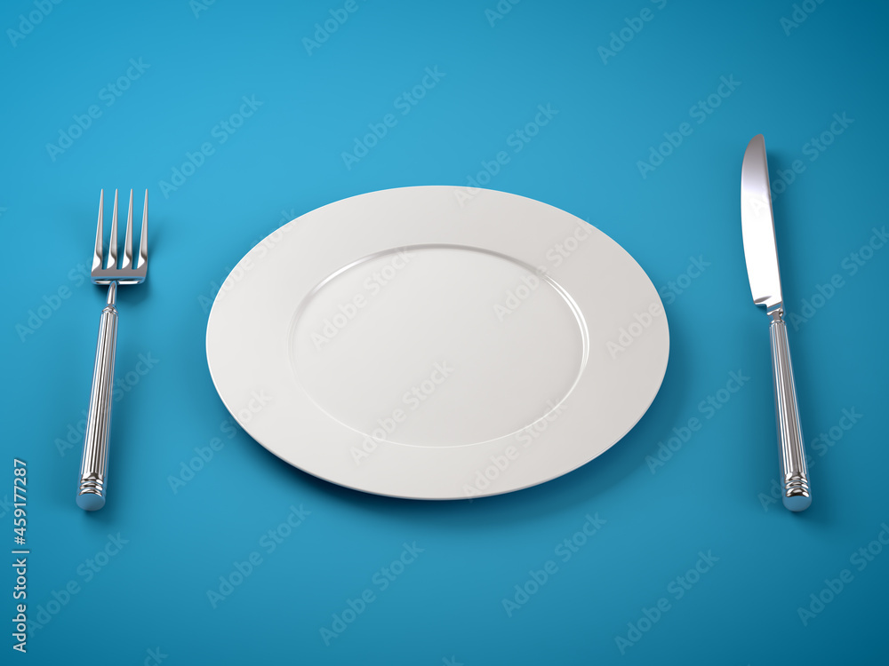 Empty plate, fork and knife isolated on blue background. 3D Illustration. Empty plate, fork and knife isolated on blue background. 3D Illustration.
