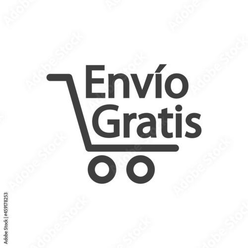 Logotipo con texto Envío Gratis en español con silueta de carrito de la compra con lineas en color gris