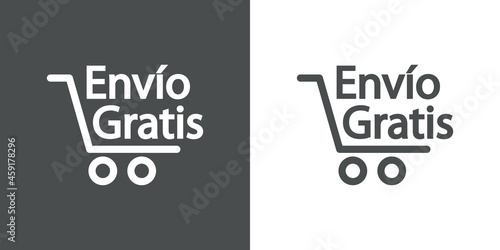 Logotipo con texto Envío Gratis en español con silueta de carrito de la compra con lineas en fondo gris y fondo banco
