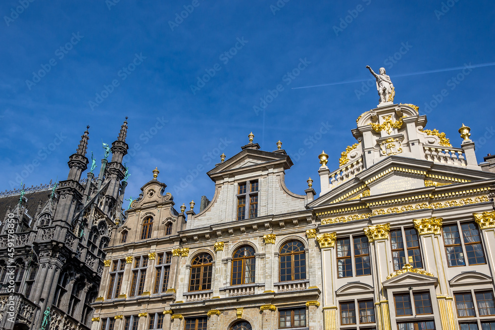 Architectural detail of The Grand Place, central square of the City of Brussels, Belgium. The Grand Place is the most important tourist destination and most memorable landmark in Brussels